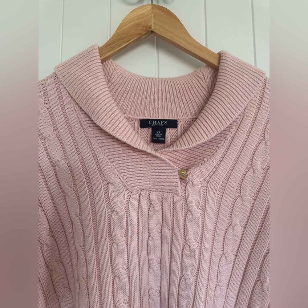 Chaps Pink Cable Knit Shawl Collar Sweater Button Accent Pullover Cozy 2X - Picture 3 of 8